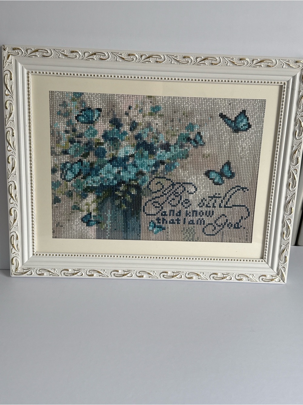 Framed Diamond Art Butterly Wall “ Drill Art” piece featuring soft blue florals